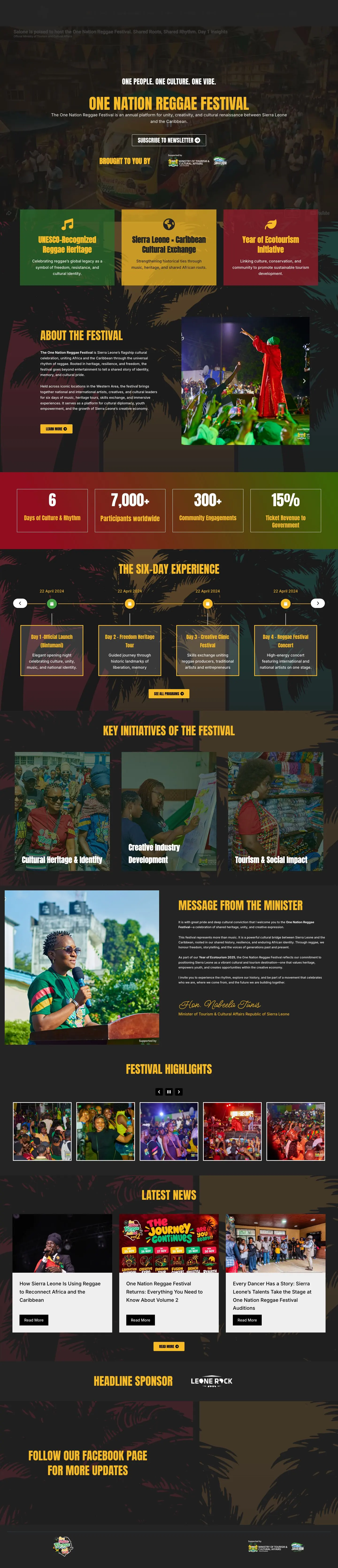 One Nation Reggae Festival homepage, desktop view