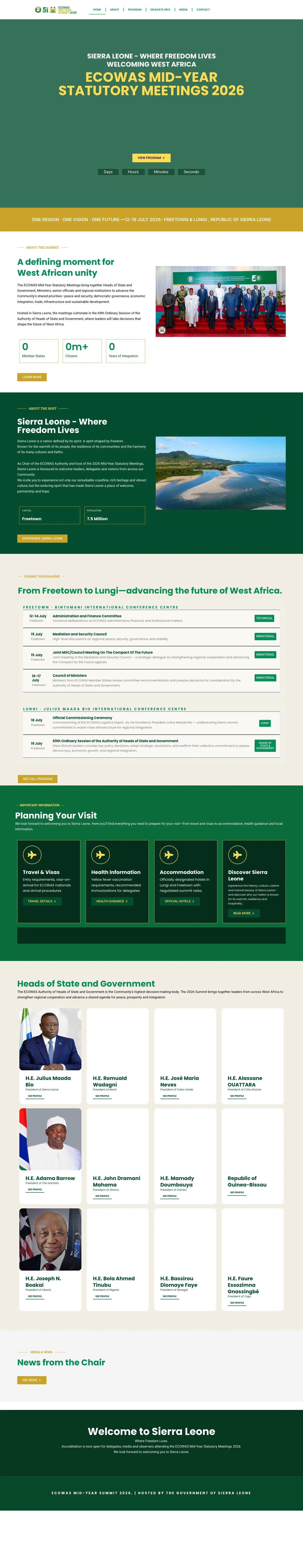 ECOWAS Mid-Year Summit 2026 website homepage, desktop view
