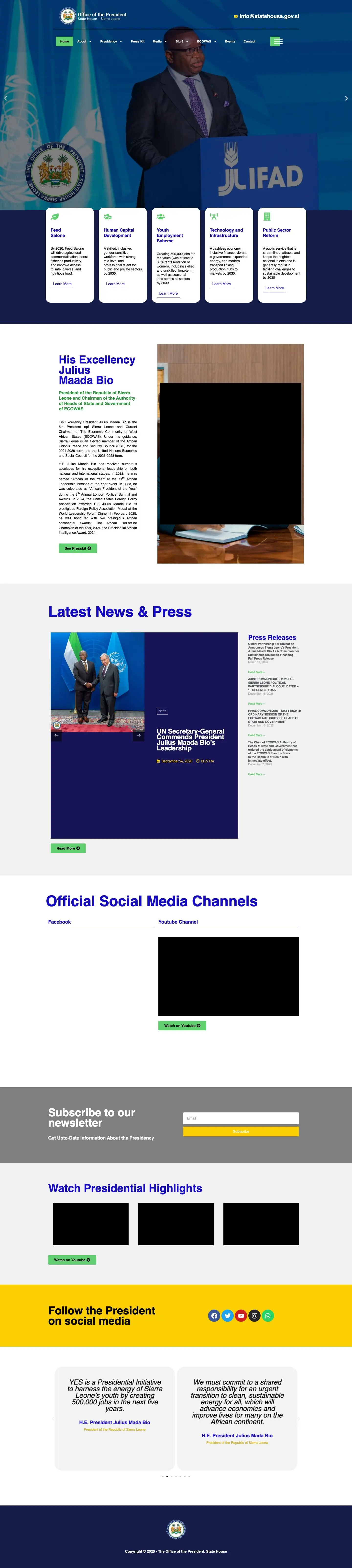 State House Sierra Leone homepage, desktop view