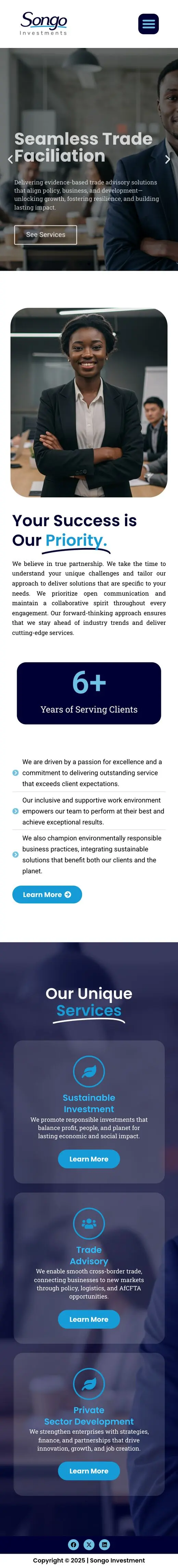 Songo Investments homepage, phone view